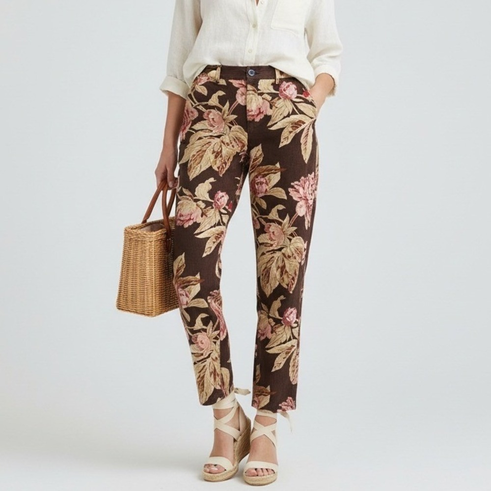 Lauren Ralph Lauren Floral Linen Blend Pants Womens Size 6 Brown Pink Beige